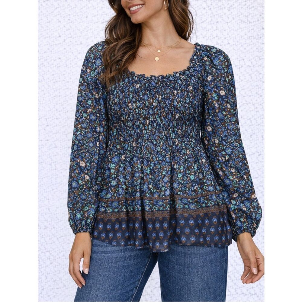 Vineyard Vines Floral Smocked Peasant Blouse Boho Puff Sleeve Top L